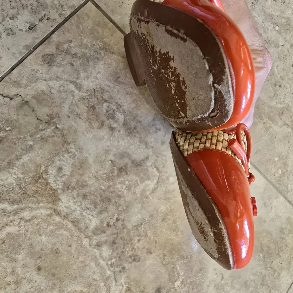 TORY BURCH Catherine orange patent with raffia smoking slippers flats shoes 5 - Picture 6 of 8